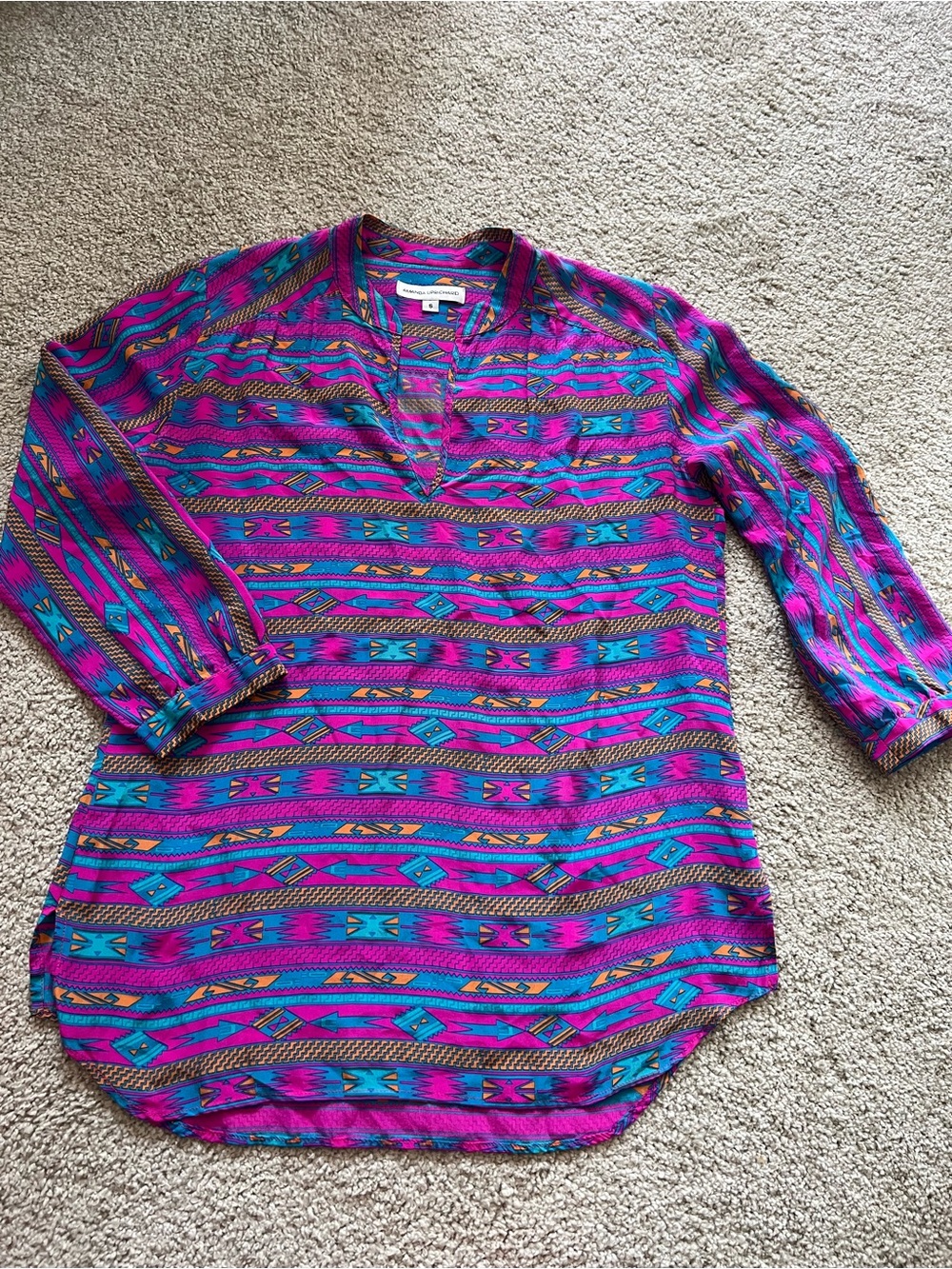 Amanda Uprichard Silk Aztec Pint Long Sleeve Tunic Blouse Top Pink Blue Sz S
